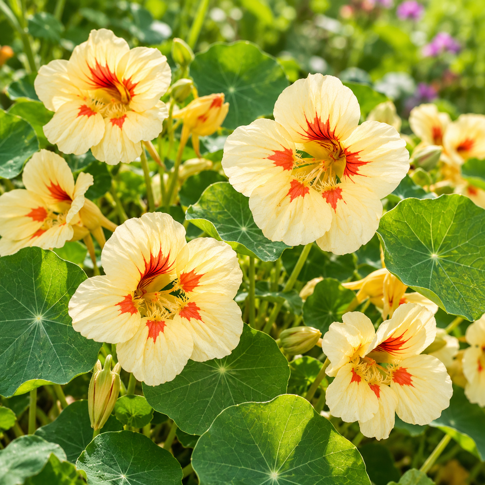 Nasturtium Peach Melba with creamy-yellow flowers featuring distinctive peach-red and dark-orange centre markings and rounded green foliage – dwarf winter flower seeds Pakistan
