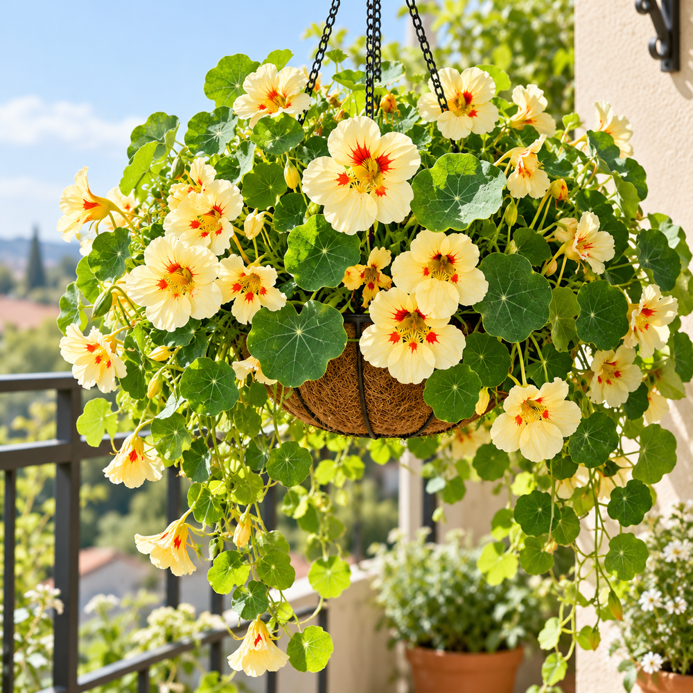 Nasturtium Peach Melba with creamy-yellow flowers featuring distinctive peach-red and dark-orange centre markings and rounded green foliage – dwarf winter flower seeds Pakistan