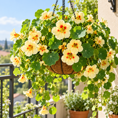 Nasturtium Peach Melba with creamy-yellow flowers featuring distinctive peach-red and dark-orange centre markings and rounded green foliage – dwarf winter flower seeds Pakistan