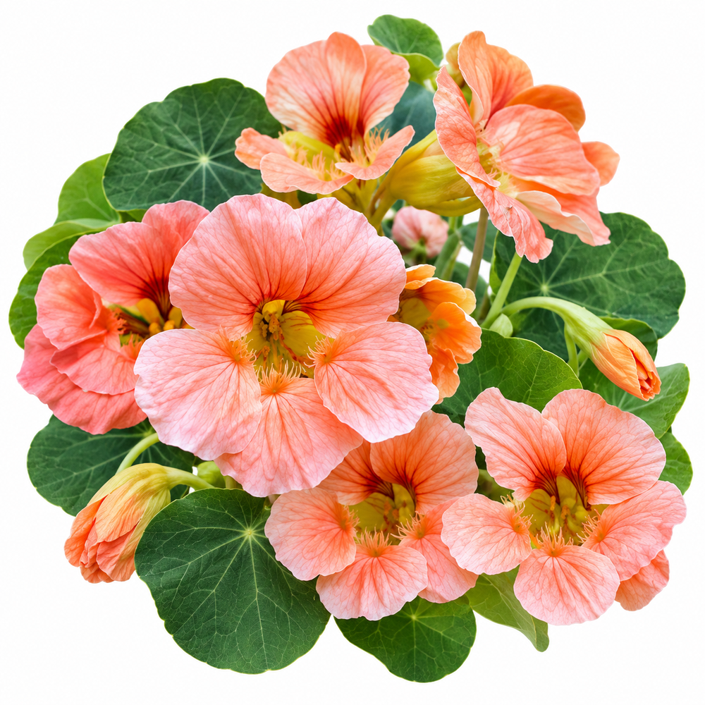 Nasturtium Salmon Baby with delicate salmon-pink and peach ruffled flowers and rounded dark-green leaves – dwarf winter flowering plant seeds for pots and grow bags in Pakistan