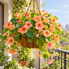 Nasturtium Salmon Baby with delicate salmon-pink and peach ruffled flowers and rounded dark-green leaves – dwarf winter flowering plant seeds for pots and grow bags in Pakistan