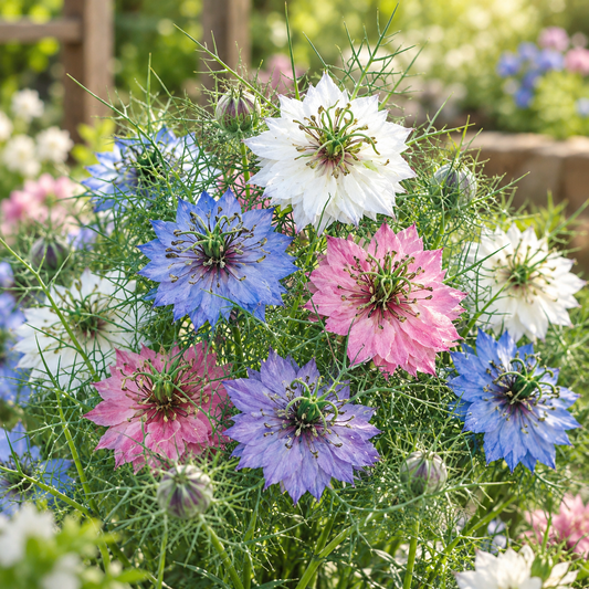 Nigella Love-in-a-Mist Persian Jewels Mix with delicate blue pink purple and white flowers surrounded by feathery green foliage and decorative seed pods – winter flower seeds Pakistan