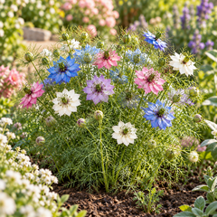 Nigella Love-in-a-Mist Persian Jewels Mix with delicate blue pink purple and white flowers surrounded by feathery green foliage and decorative seed pods – winter flower seeds Pakistan