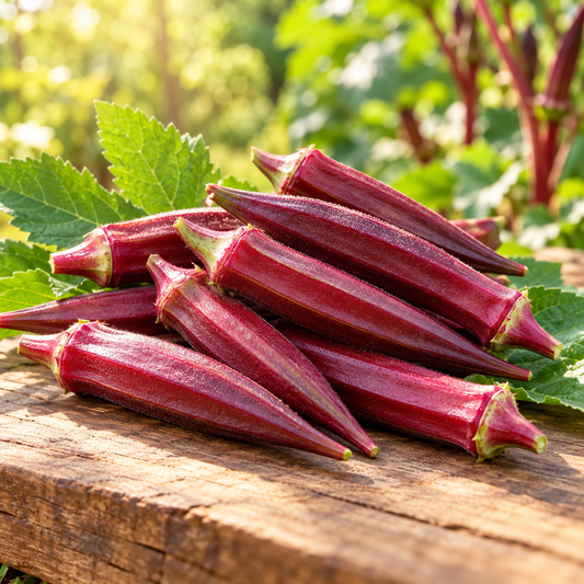 Red Burgundy Okra plant with deep burgundy-red tender pods, reddish stems, green leaves and pale-yellow flowers – red Bhindi summer vegetable seeds for kitchen gardens and grow bags Pakistan