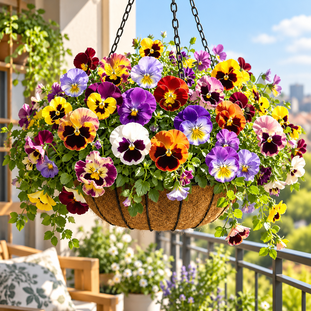 Pansy Swiss Giant Mix with large colourful blue purple yellow orange red pink and white flowers featuring distinctive dark face markings – winter flowering seeds Pakistan