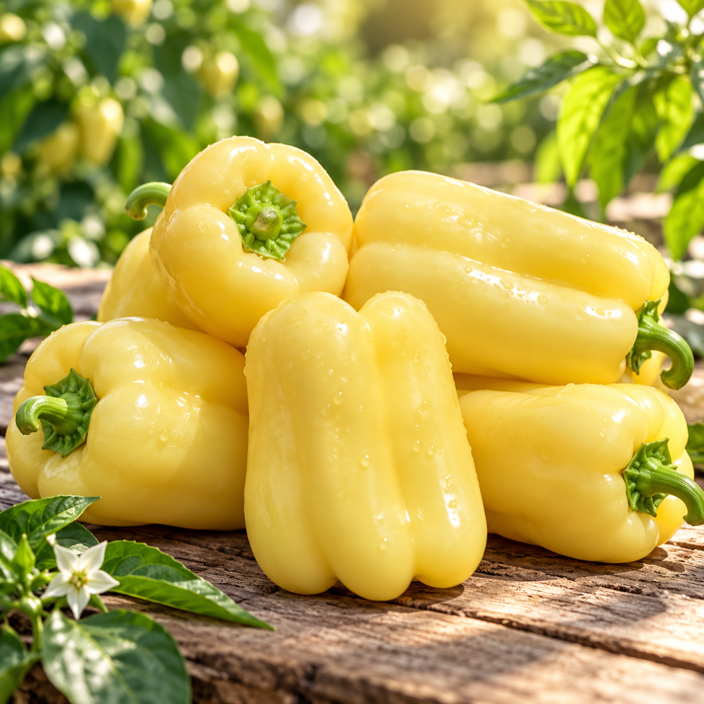 Franchi Sementi Peperone Soroksari Hungarian sweet pepper with blocky pale creamy-yellow 3–4 lobed fleshy fruits growing on a healthy branching pepper plant – seeds Pakistan