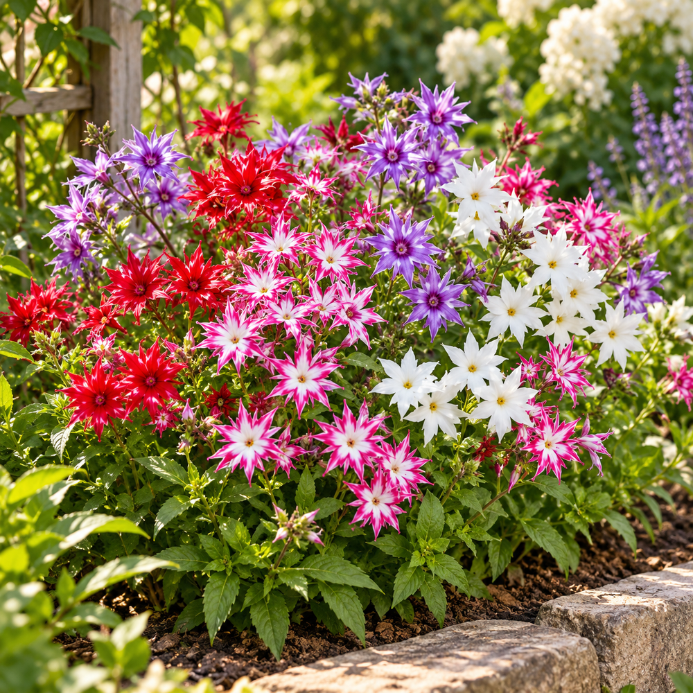 Phlox Star Mix Phlox drummondii with colourful star-shaped pink red purple and white flowers – winter seeds for pots beds borders and grow bags in Pakistan