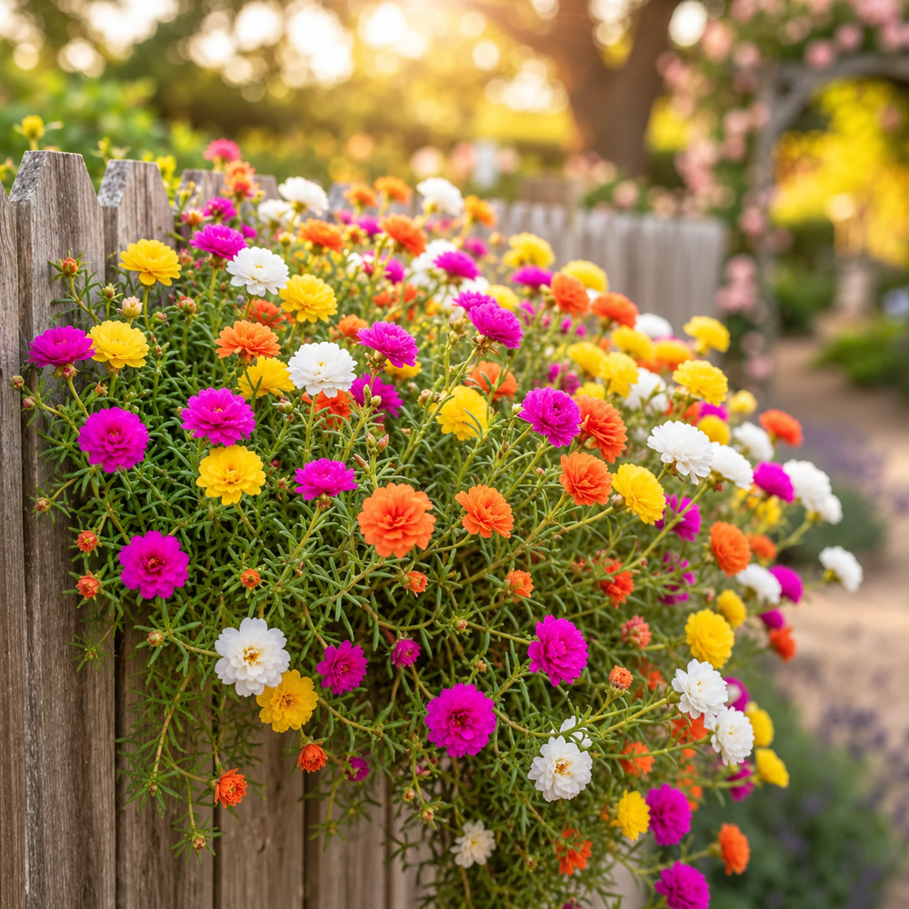 Portulaca Double Mix Moss Rose with colourful double and semi-double summer flowers – heat-tolerant flower seeds for beds pots hanging baskets and grow bags in Pakistan