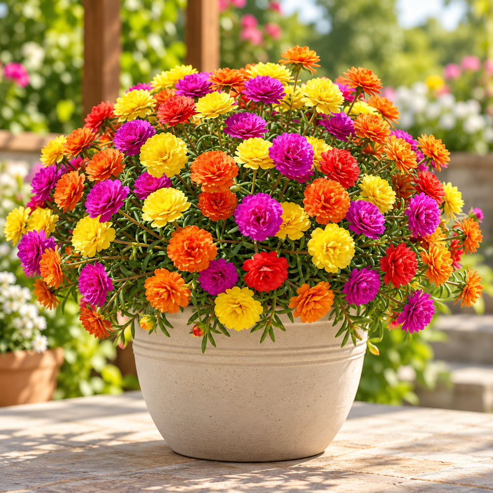 Portulaca Extra Double Mix Moss Rose with colourful extra-double rose-like summer flowers – heat-tolerant flower seeds for beds pots hanging baskets and grow bags in Pakistan