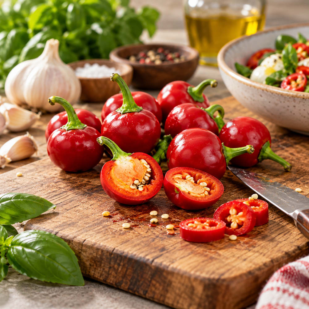 Healthy Red Ball Chilli plant with distinctive round green and bright-red fruits – round hot chilli seeds for home gardening in Pakistan