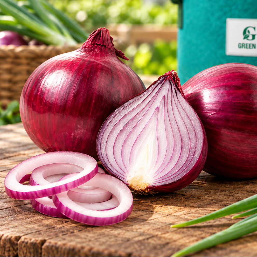 Fresh red onions with reddish-purple bulbs and healthy green tops – Red Onion seeds for winter and home gardening in Pakistan