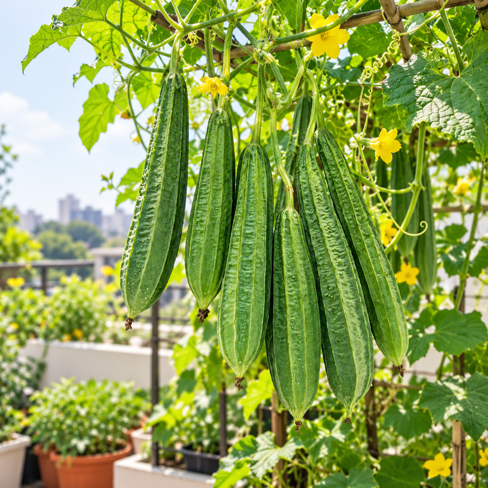 Desi Tori Ridge Gourd green elongated ridged fruits hanging from healthy climbing vines on trellis – open pollinated summer vegetable seeds Pakistan