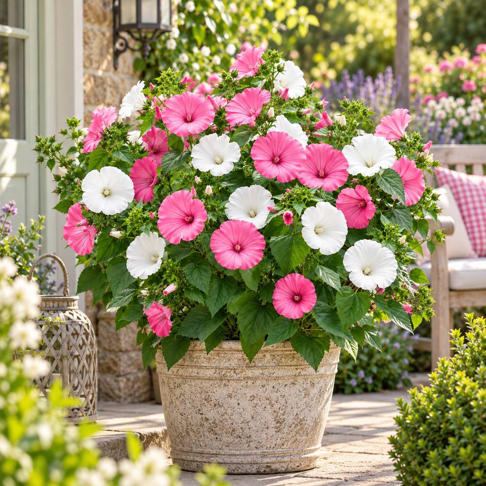 Rose Mallow Lavatera trimestris with large pink rose and white funnel-shaped flowers – winter flower seeds for gardens borders and grow bags in Pakistan