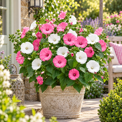 Rose Mallow Lavatera trimestris with large pink rose and white funnel-shaped flowers – winter flower seeds for gardens borders and grow bags in Pakistan