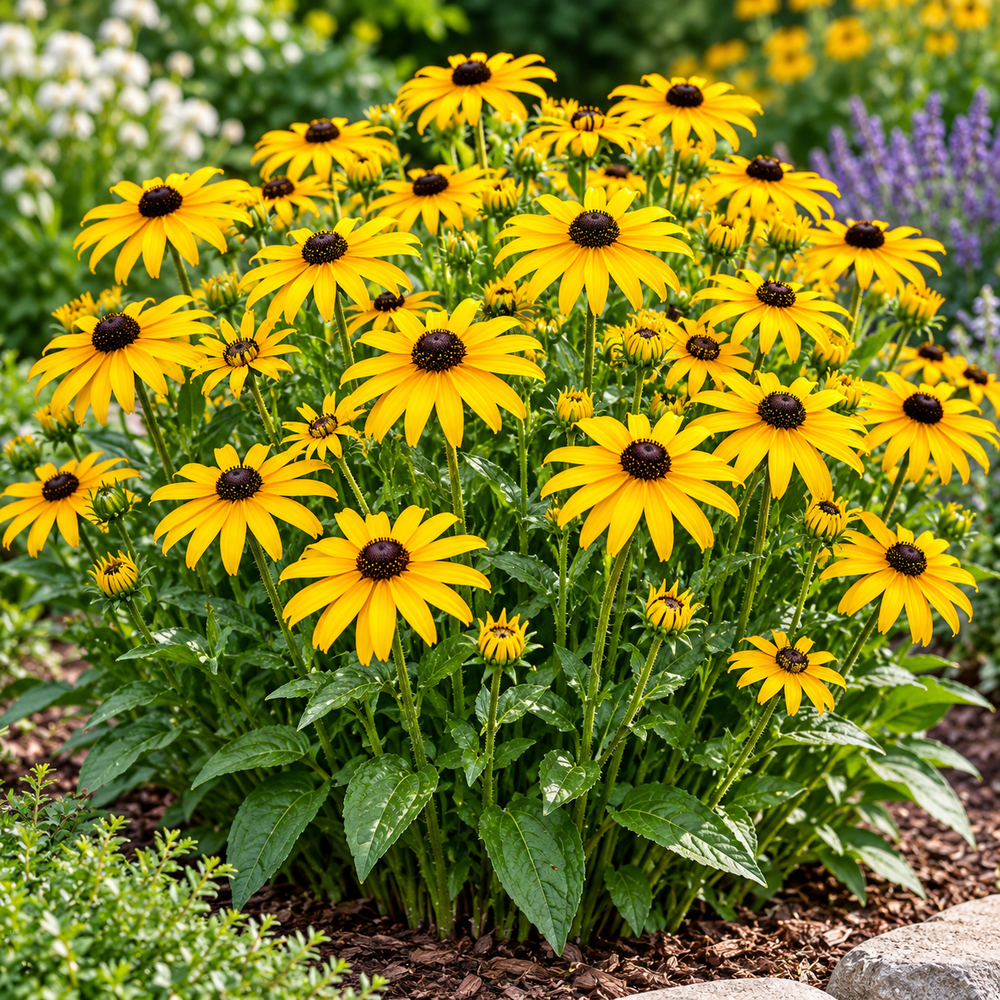 Rudbeckia Black-eyed Susan Coneflowers with bright yellow petals and dark centres – summer flower seeds for beds pots and grow bags in Pakistan