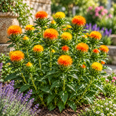 Safflower Carthamus tinctorius False Saffron with bright yellow orange and red flowers – summer seeds for sunny gardens pots and grow bags in Pakistan