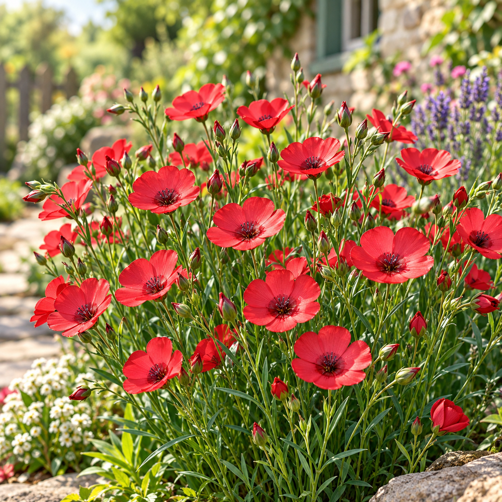 Scarlet Flax Linum grandiflorum with bright red summer flowers – flower seeds for sunny beds borders pots and grow bags in Pakistan