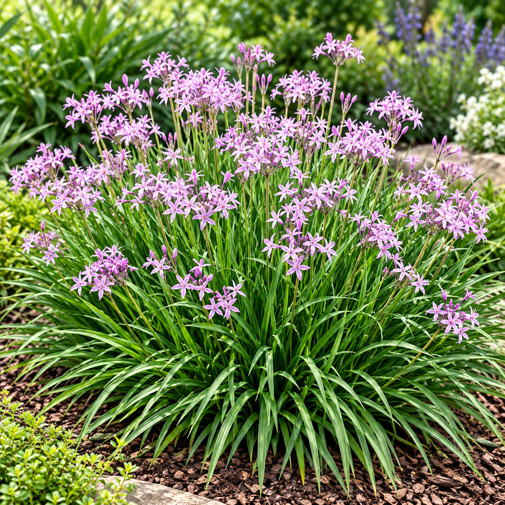 Society Garlic flowering plants growing along garden border and pathway