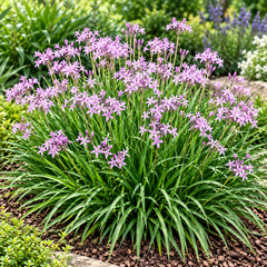 Society Garlic flowering plants growing along garden border and pathway