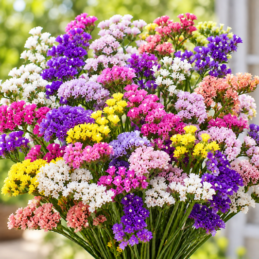 Statice Flower Mix with colourful purple pink white yellow lavender and peach papery blooms – winter cut and dried flower seeds for gardens in Pakistan