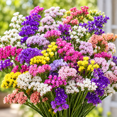 Statice Flower Mix with colourful purple pink white yellow lavender and peach papery blooms – winter cut and dried flower seeds for gardens in Pakistan