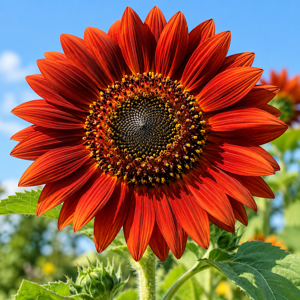 Red Sunflower Helianthus annuus with deep red burgundy flowers and dark centres – summer flower seeds for gardens and grow bags in Pakistan