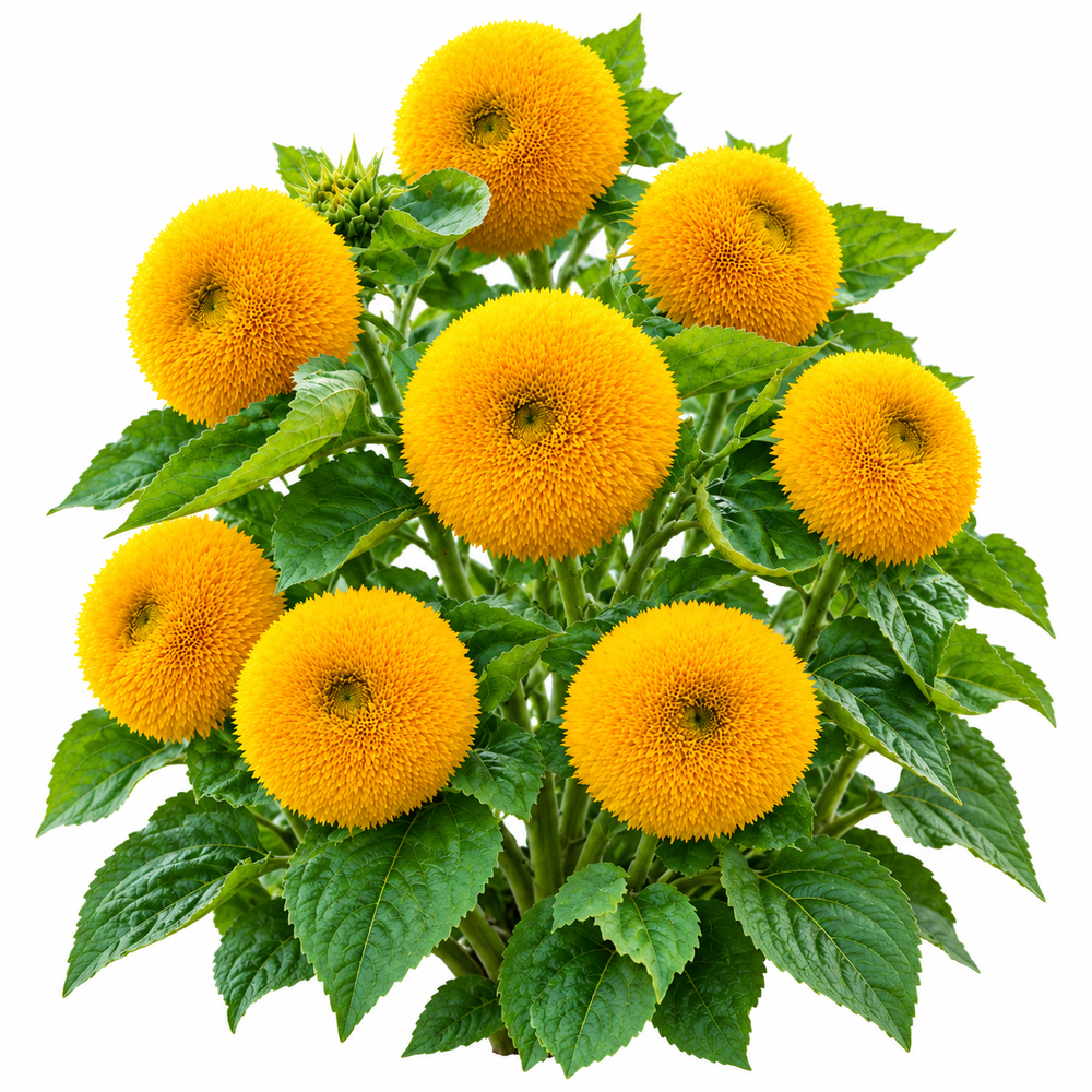 Teddy Bear Dwarf Sunflower Helianthus annuus with fluffy double golden-yellow blooms – summer flower seeds for pots borders and grow bags in Pakistan