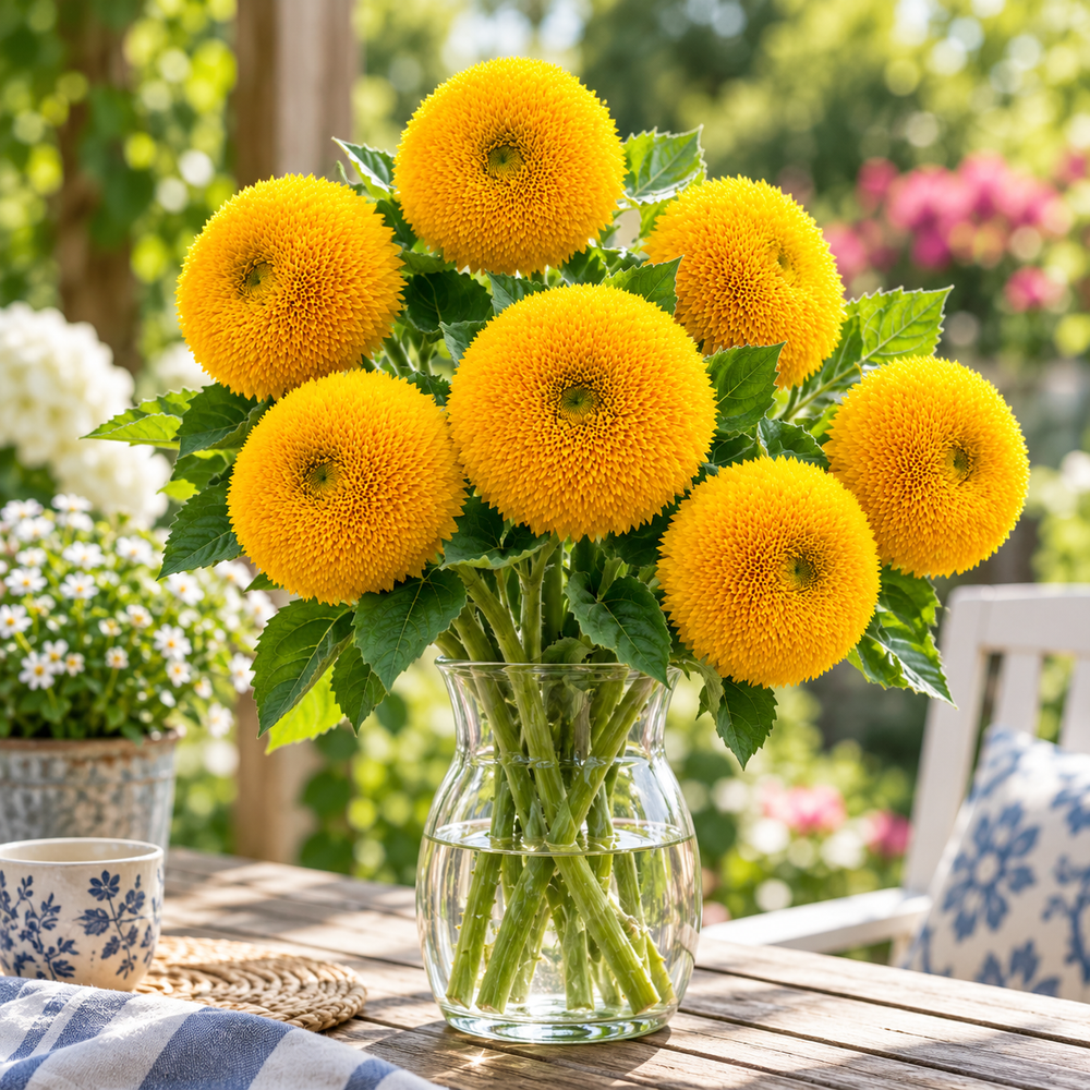 Teddy Bear Dwarf Sunflower Helianthus annuus with fluffy double golden-yellow blooms – summer flower seeds for pots borders and grow bags in Pakistan
