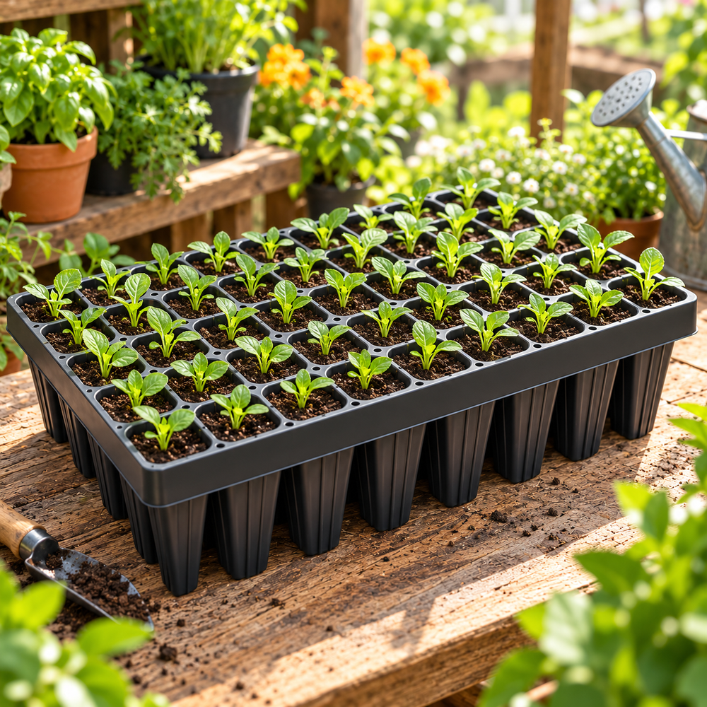 45-cell deep nursery seedling tray with young plants in a garden – Green Gardens