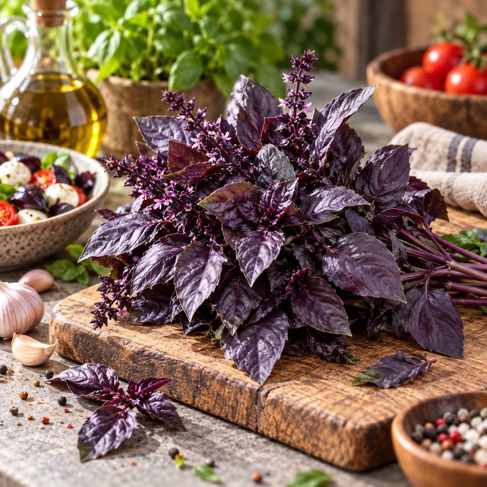 Healthy Sweet Basil Purple plant with aromatic deep-purple leaves – culinary basil seeds for home gardening in Pakistan
