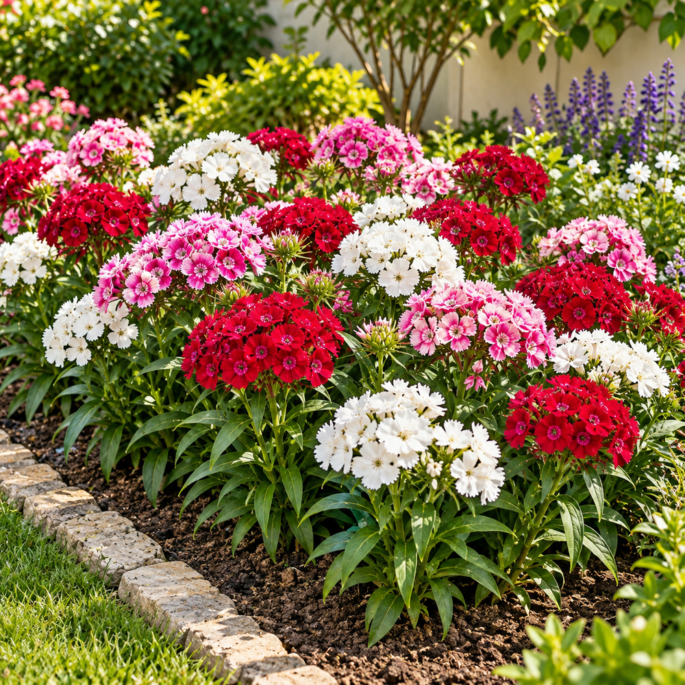 Sweet William Dianthus barbatus Floriada Mix with pink red crimson white and bi-colour clustered flowers – winter flower seeds for gardens and grow bags in Pakistan