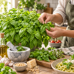 Healthy Sweet Basil plant with fresh aromatic green leaves – Ocimum basilicum culinary herb seeds for home gardening in Pakistan