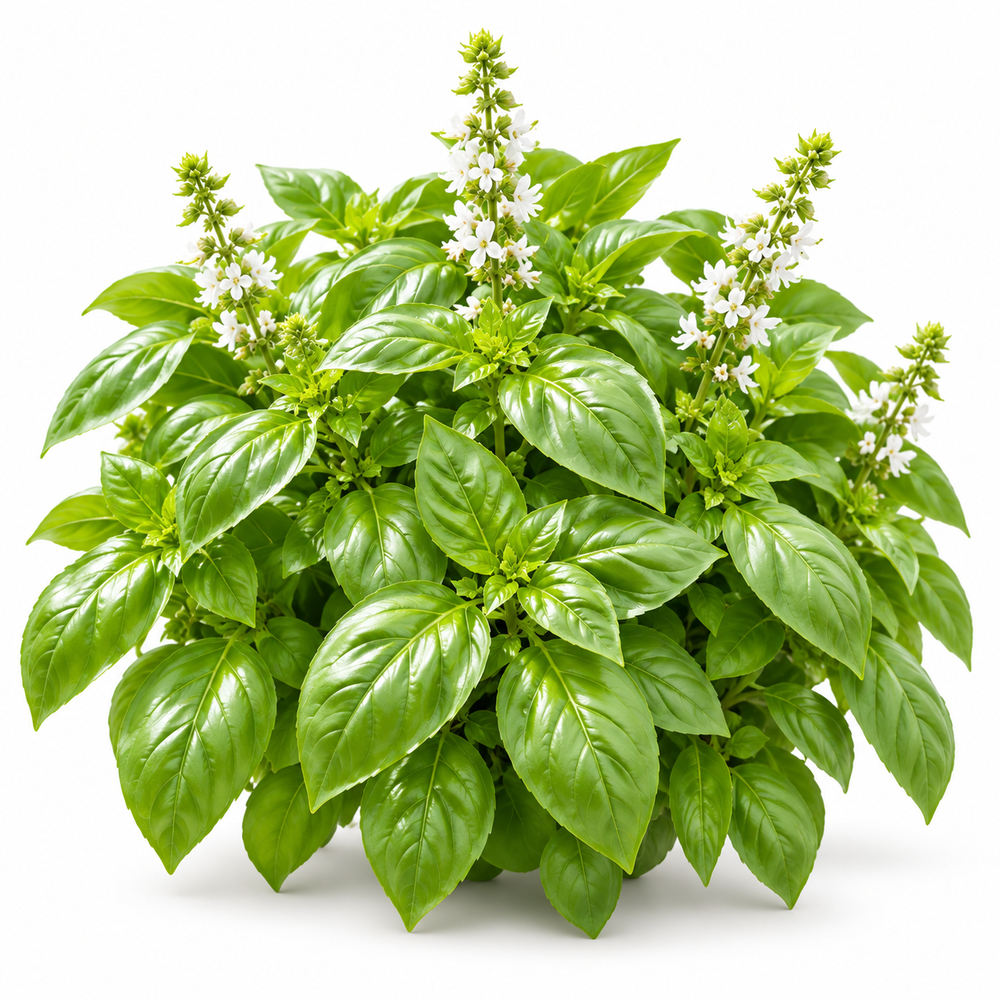 Healthy Sweet Basil plant with fresh aromatic green leaves – Ocimum basilicum culinary herb seeds for home gardening in Pakistan