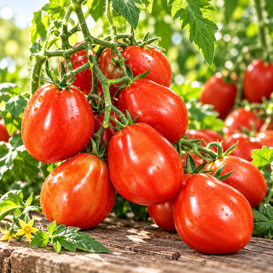 Red Pear Tomato plant with bright-red pear-shaped ripe fruits growing in clusters on healthy green vines – tomato seeds for kitchen gardens and grow bags Pakistan