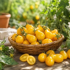 Yellow Pear cherry tomatoes with bright yellow pear-shaped fruits on an indeterminate tomato vine – tomato seeds for home gardening in Pakistan