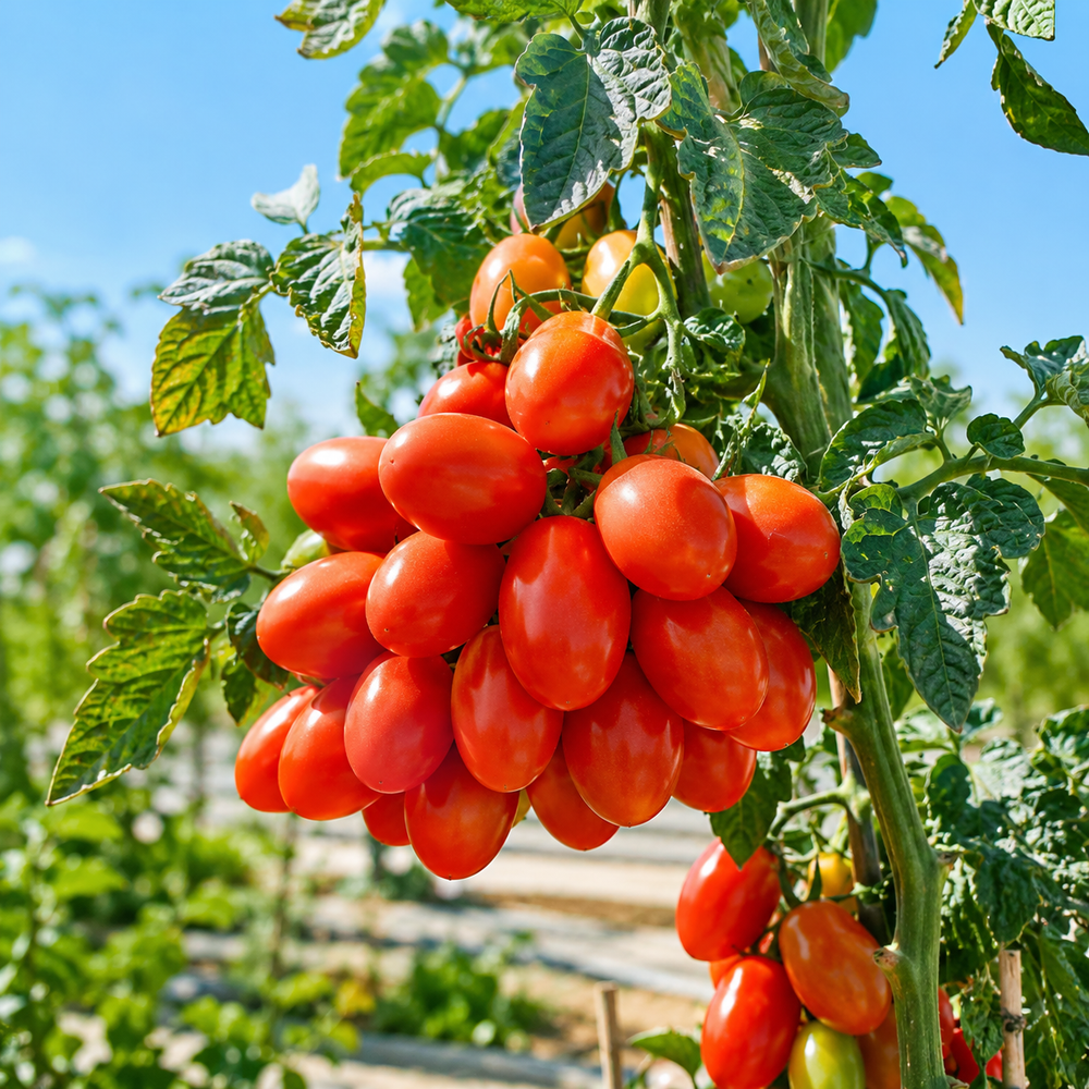JUMBO 055 F1 Hybrid red tomatoes growing on a healthy productive plant – high yield tomato seeds for home gardening in Pakistan