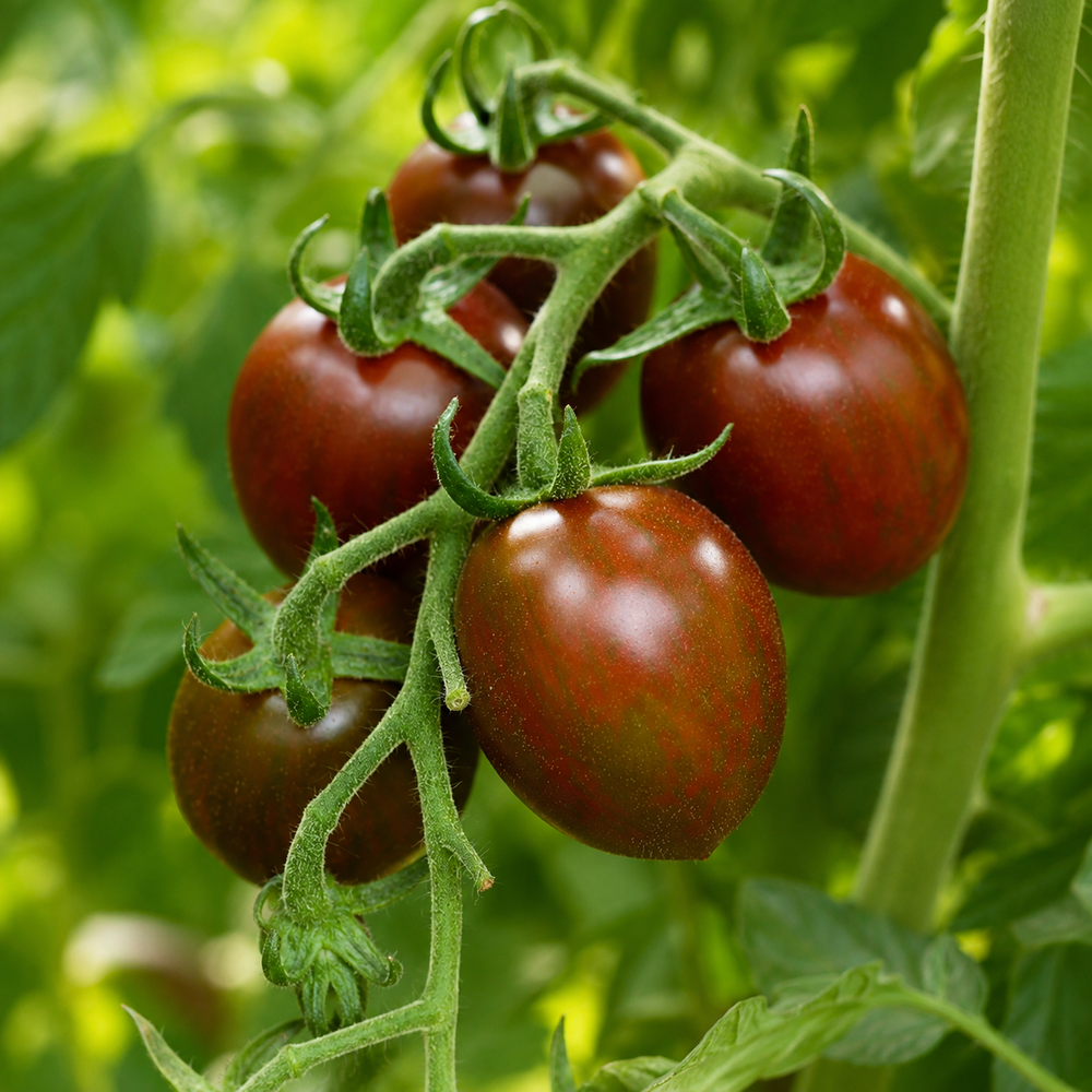Chocolate Sprinkles indeterminate cherry tomatoes with dark red elongated fruits and green striping on vigorous vines – tomato seeds for home gardening in Pakistan