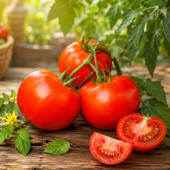 HARVEST KING F1 round red tomatoes growing on a healthy determinate plant – hybrid tomato seeds for home gardening in Pakistan
