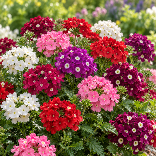 Pink, red, purple and white Verbena Mix flowers blooming against a green garden background