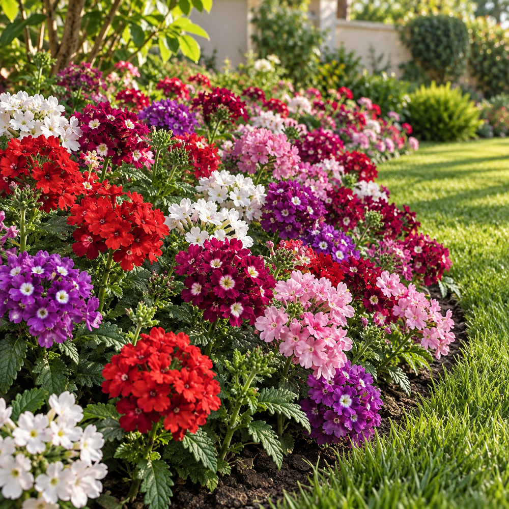 Colourful Verbena Mix flowers growing in a garden border beside a green lawn