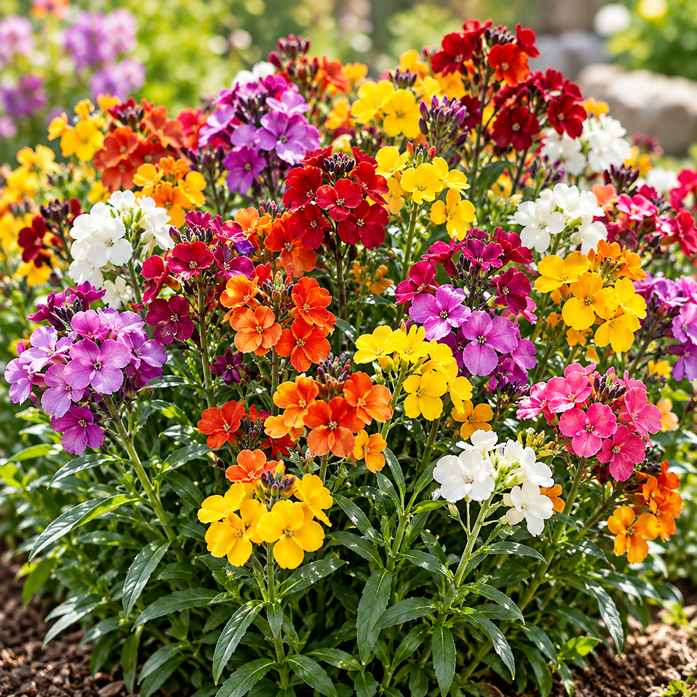 Wallflower Mix Erysimum cheiri with fragrant yellow orange red purple and bronze flowers – winter seeds for beds borders pots and grow bags in Pakistan