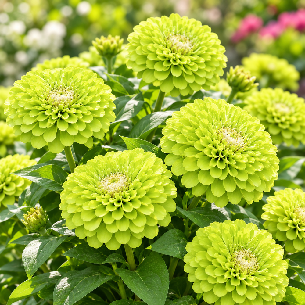 Zinnia Elegans Green with distinctive lime-green summer flowers – seeds for sunny beds cut flowers containers and grow bags in Pakistan