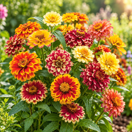 Zinnia Haageana Persian Carpet Mix with warm bicolour yellow orange red bronze and mahogany flowers – summer seeds for beds pots and grow bags in Pakistan