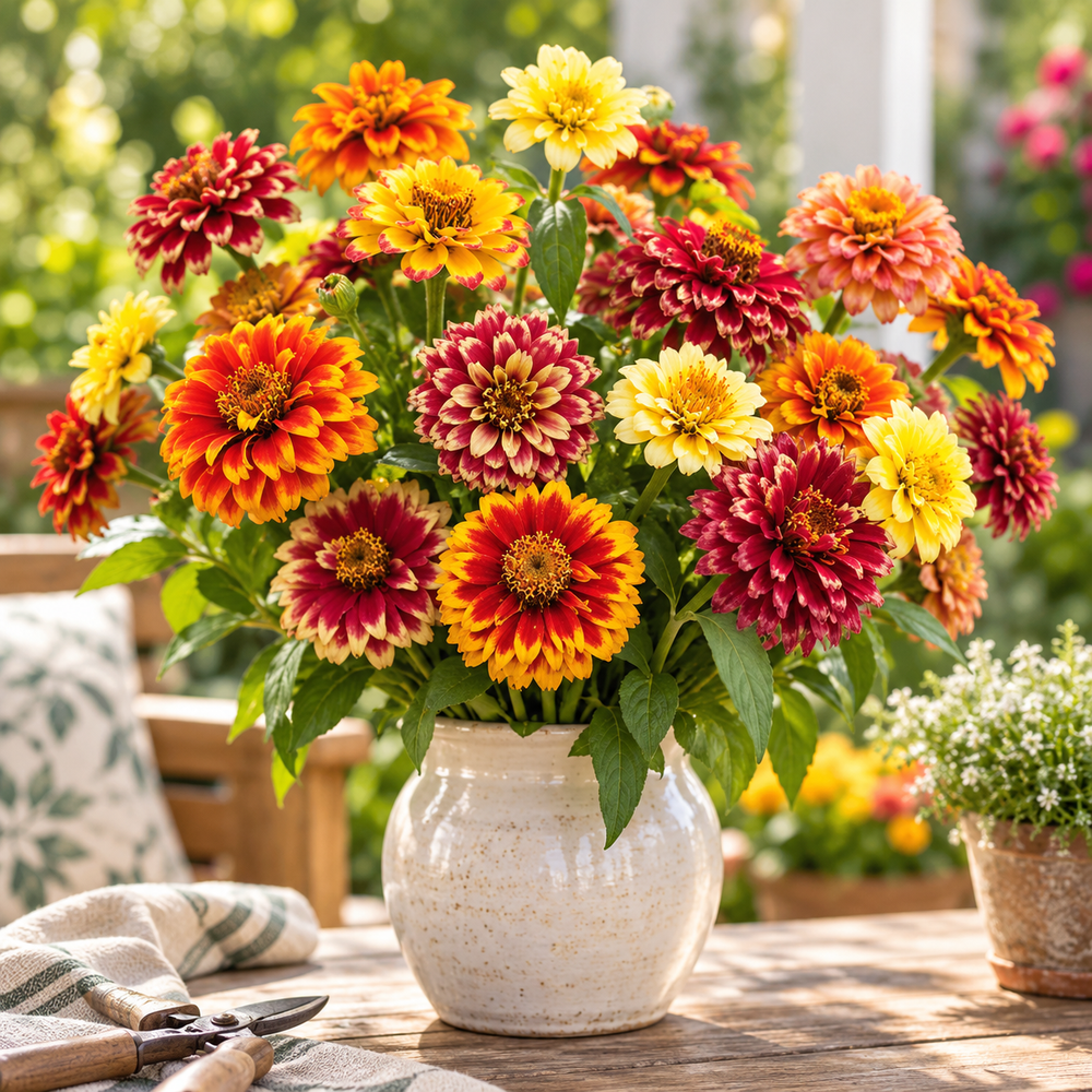 Zinnia Haageana Persian Carpet Mix with warm bicolour yellow orange red bronze and mahogany flowers – summer seeds for beds pots and grow bags in Pakistan