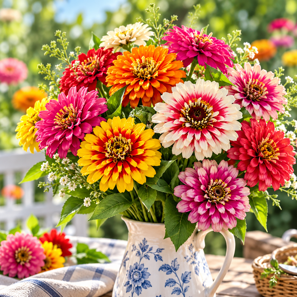 Zinnia Swirls Mixed flowers with colourful red yellow pink and white bicolour double and semi-double blooms growing on healthy branching plants – summer flower seeds Pakistan