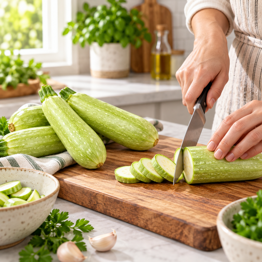 Tender light-green Zucchini Squash growing on a healthy F1 Hybrid plant – Maro Kadu seeds for winter and summer kitchen gardening in Pakistan