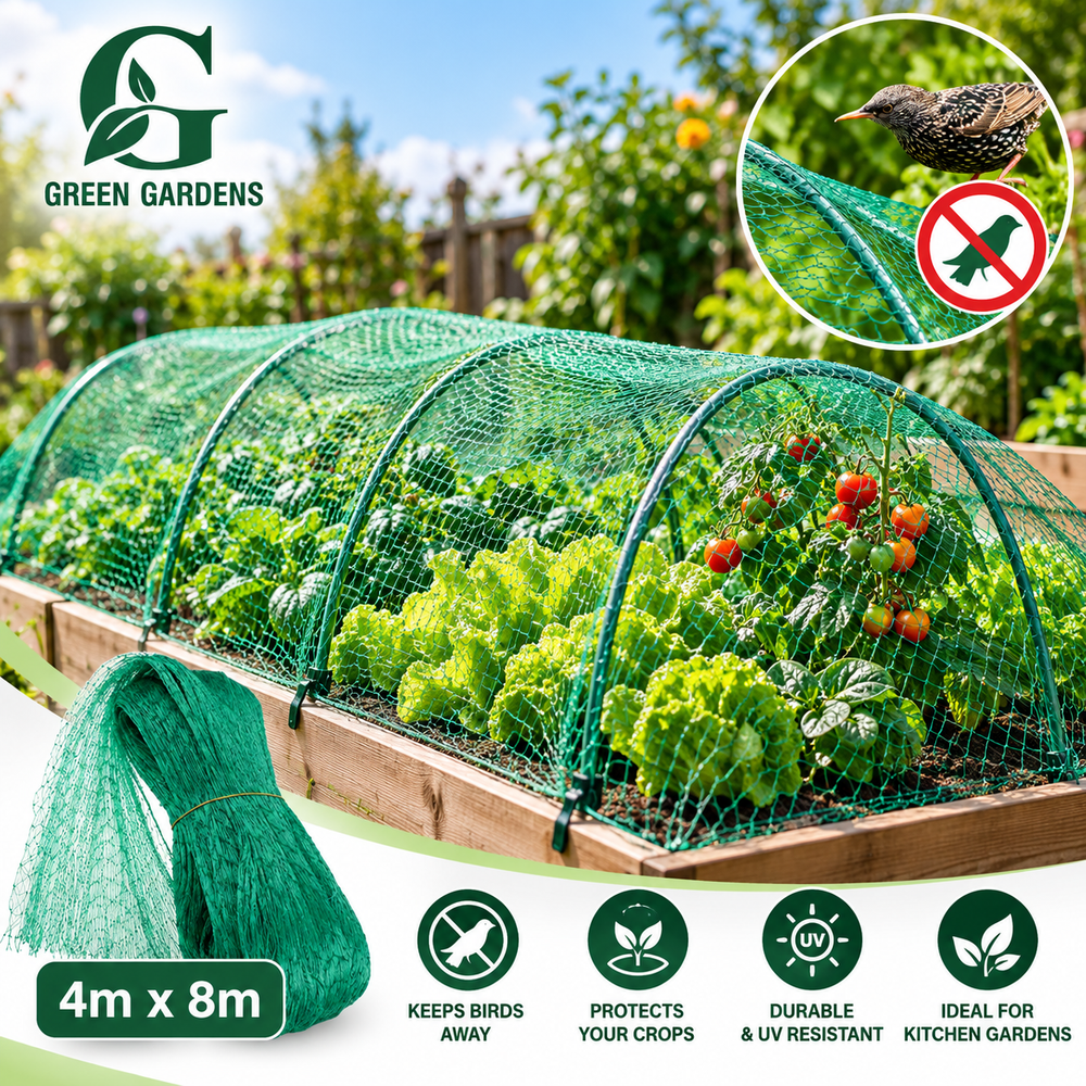 Anti bird green mesh net protecting raised bed vegetables and tomatoes in kitchen garden