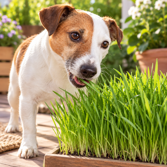 Dog enjoying fresh dog grass grown at home
