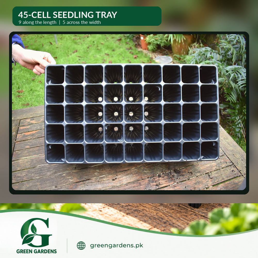 Black deep seedling starter tray with 45 individual planting cells and 5-inch cell depth