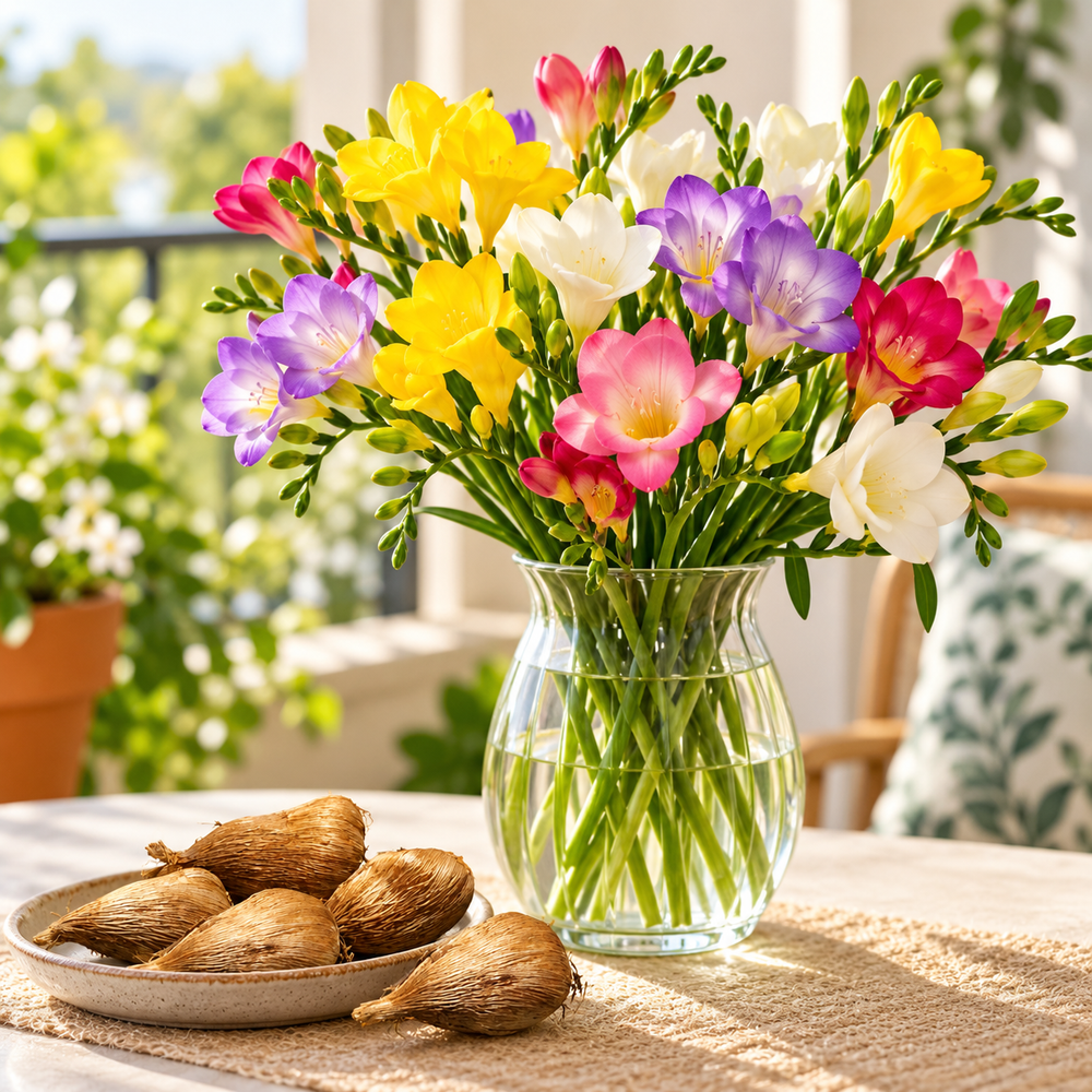 Colourful freesia flowers in vase with freesia bulbs – lifestyle image